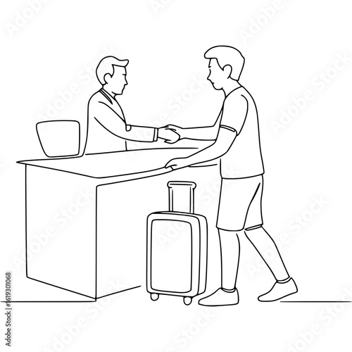Traveler shaking hand of hotel receptionist at check in desk