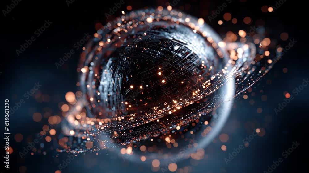 Quantum machine with futuristic glowing particles orbiting dark spherical core in digital space creating mysterious atmosphere