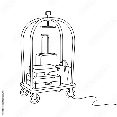 Isolated line art of a hotel bellhop cart with luggage