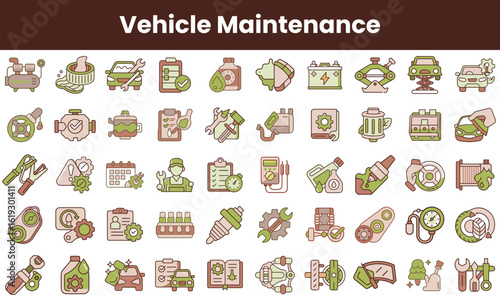 A collection of vehicle maintenance icons, featuring tools, gears, and service symbols in a harmonious green and brown palette, representing automotive care.