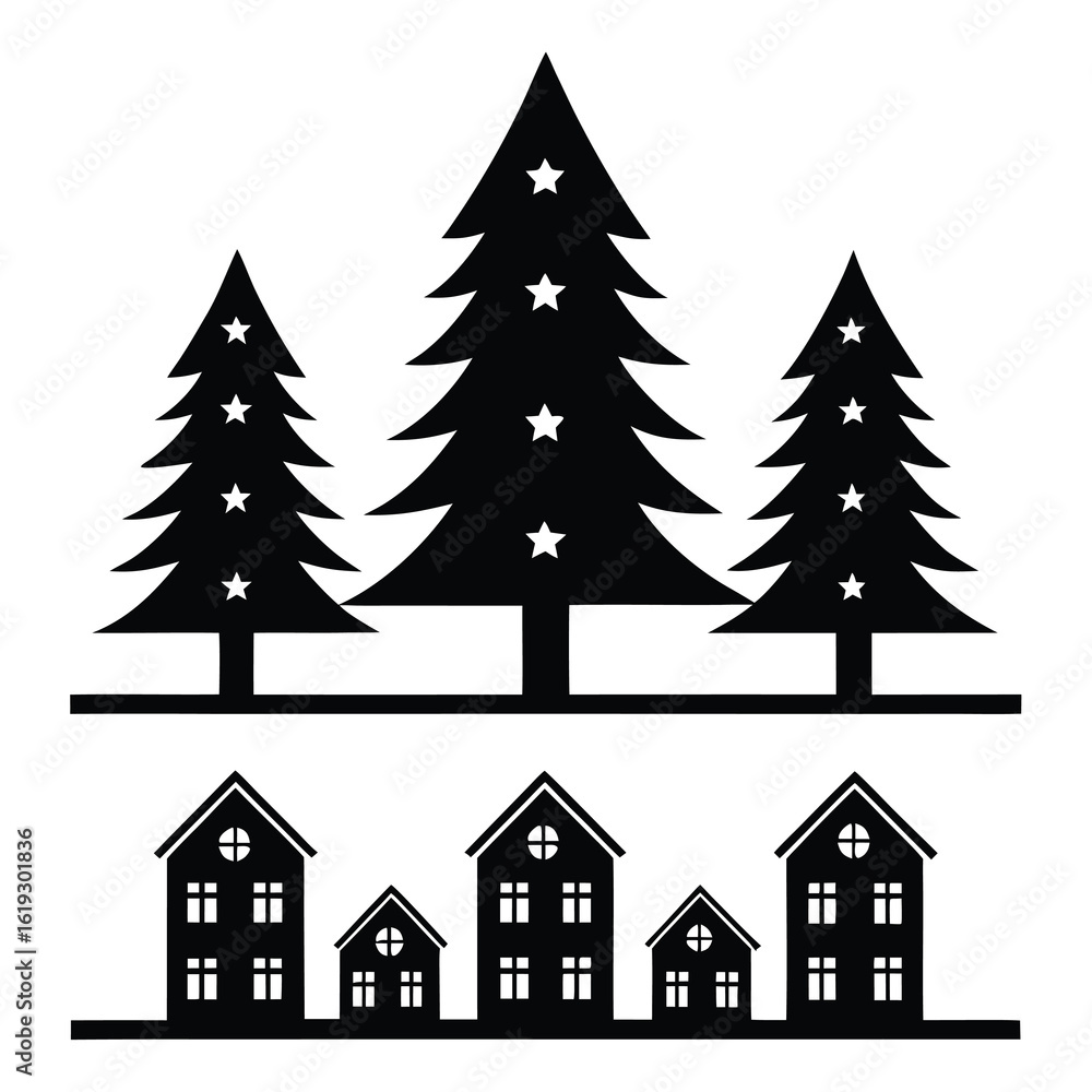 Fototapeta premium Black silhouette Christmas trees and houses with white stars