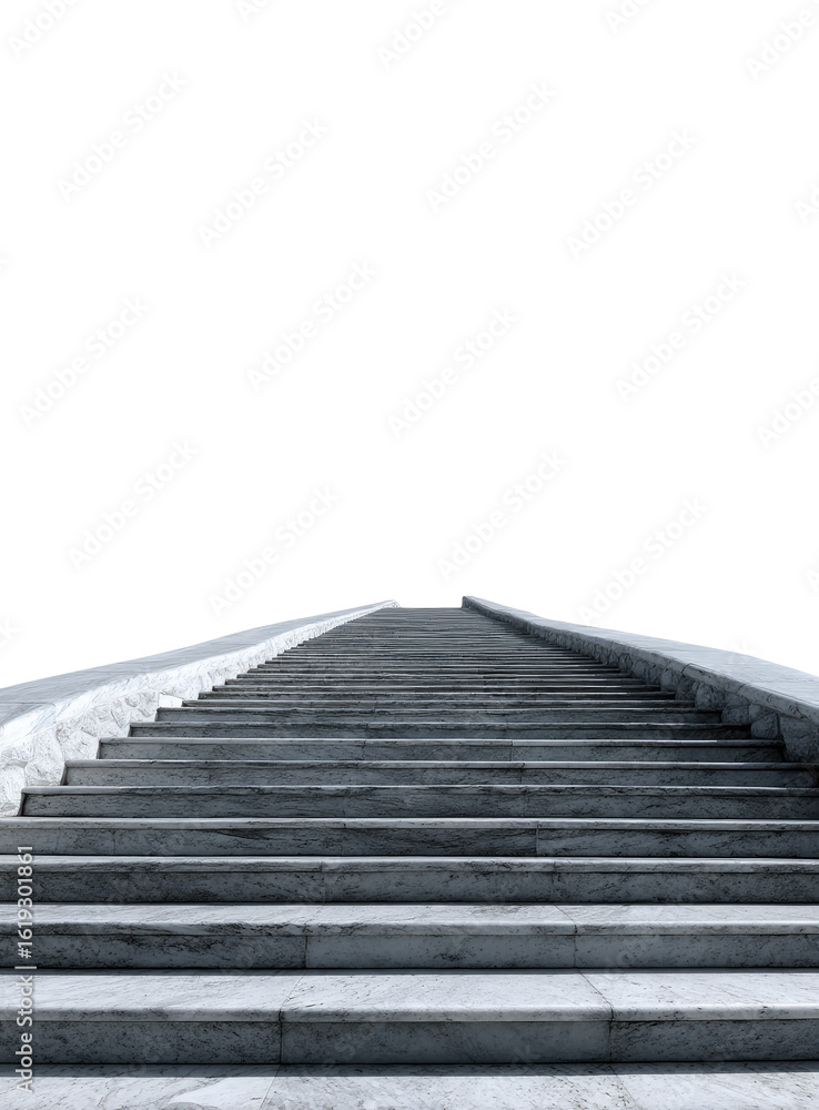 A long, straight staircase of light gray stone ascends into a black void A long, straight staircase of light gray stone ascends into a black void