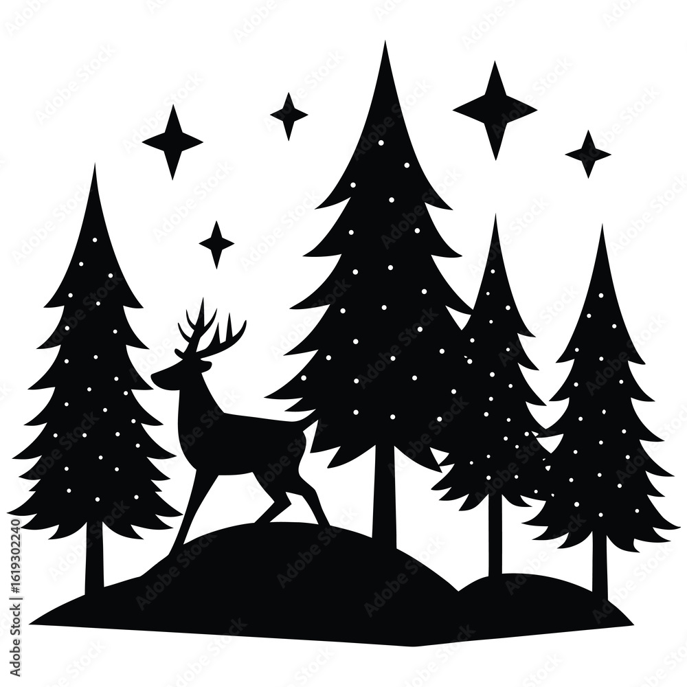 Naklejka premium Black silhouette of a deer and pine trees under a starry sky