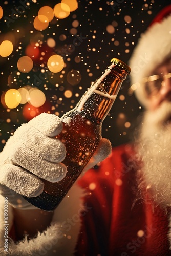 Christmas cheer santa claus toasting with a beer bottle festive atmosphere close-up view magical holiday spirit