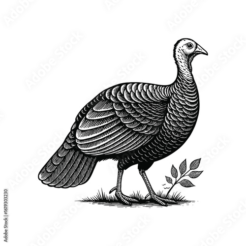 Vintage Wild Turkey Bird Engraving Style, drawn in an engraved, woodcut style with fine details sketch engraving vector illustration. Scratch board imitation