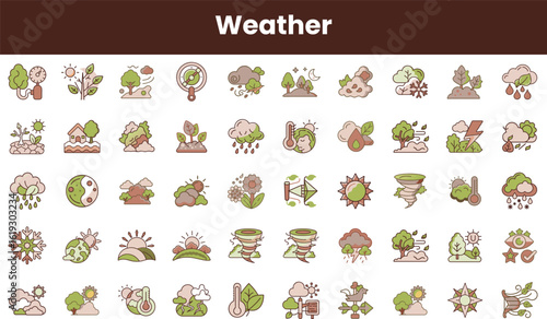 A vibrant collection of weather-themed icons, showcasing various elements like rain, sunshine, storms, and natural phenomena in playful, colorful designs.