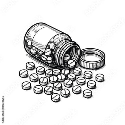 Vintage Medicine Pills Bottle Spill Engraving, drawn in an engraved, woodcut style with fine details sketch engraving vector illustration. Scratch board imitation