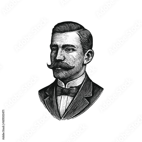 Vintage Gentleman Portrait Engraving, drawn in an engraved, woodcut style with fine details sketch engraving vector illustration. Scratch board imitation