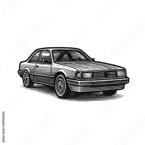 Vintage Car Sedan Engraving Style, drawn in an engraved, woodcut style with fine details sketch engraving vector illustration. Scratch board imitation