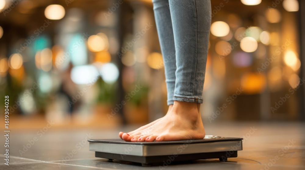 Fototapeta premium A woman stands barefoot on a digital scale in a vibrant indoor space. The atmosphere is lively with natural light and colorful bokeh effects, indicating a bustling setting.