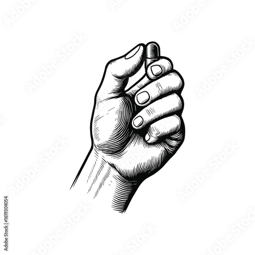 Vintage Hand Holding Capsule, drawn in an engraved, woodcut style with fine details sketch engraving vector illustration. Scratch board imitation