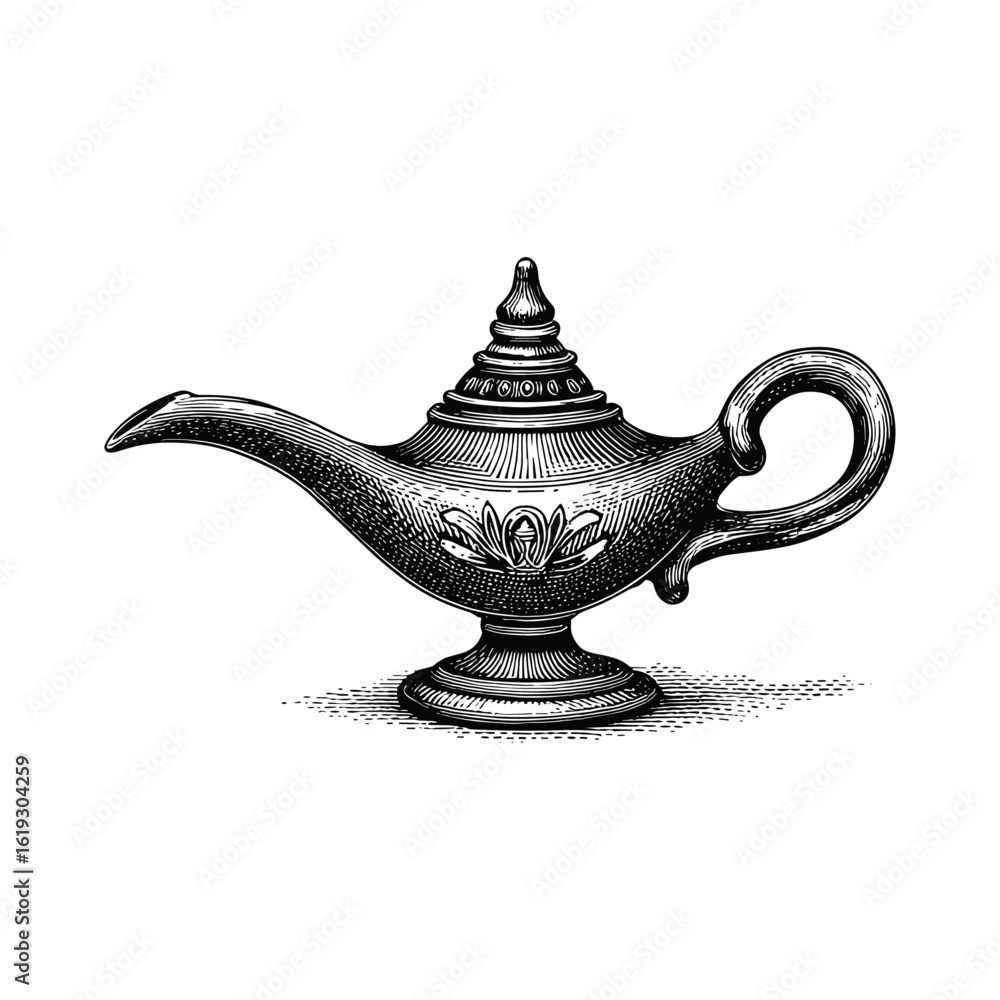 Fototapeta premium Vintage Engraving of an Arabian Lamp, drawn in an engraved, woodcut style with fine details sketch engraving vector illustration. Scratch board imitation