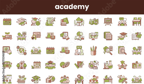 A collection of educational icons showcasing various aspects of learning and academia, featuring elements like graduation caps, books, and classroom settings in soft colors.