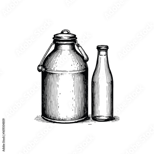 Vintage Milk Can and Bottle Dairy Farm, drawn in an engraved, woodcut style with fine details sketch engraving vector illustration. Scratch board imitation