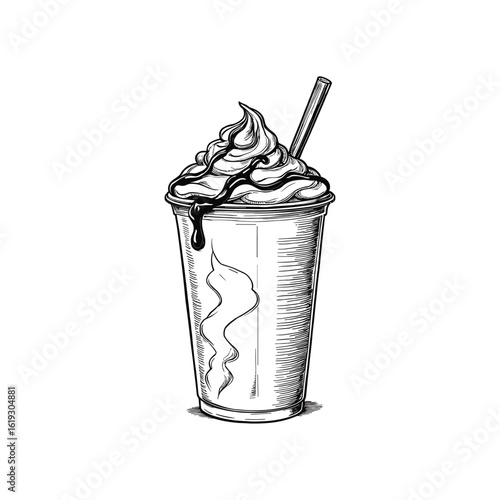 Vintage Whipped Cream Drink with Chocolate Drizzle, drawn in an engraved, woodcut style with fine details sketch engraving vector illustration. Scratch board imitation