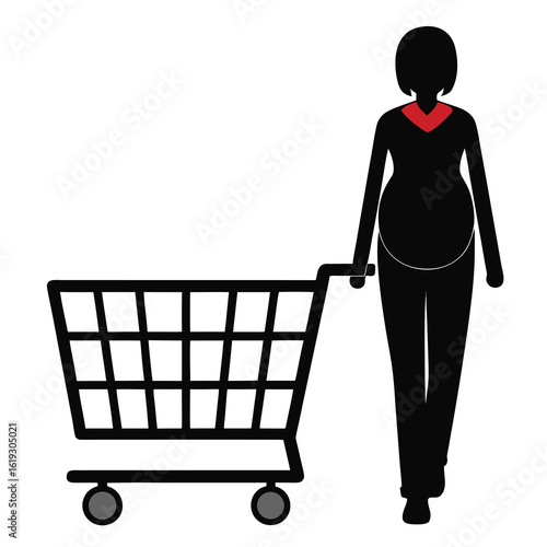 Black silhouette of pregnant woman pushing shopping cart