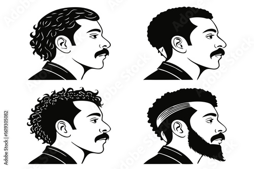 Collection of male profile illustrations with diverse contemporary haircuts and mustaches. Men's grooming and barbershop concept.
