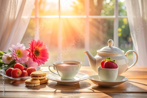 Wallpaper Mural A delightful morning tea setting with a cup of tea, fresh strawberries, cookies, and flowers by the window, bathed in warm sunlight, creating a cozy and inviting atmosphere Torontodigital.ca