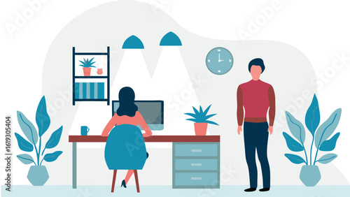 Illustration of a woman working at a desk with a man standing nearby in an office setting full of plants