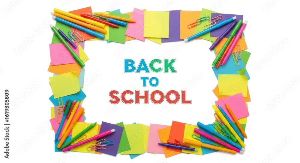 Obraz premium Back to school text in colorful letters surrounded by school supplies such as pencils, pens, stickers and clips, concept of education and learning