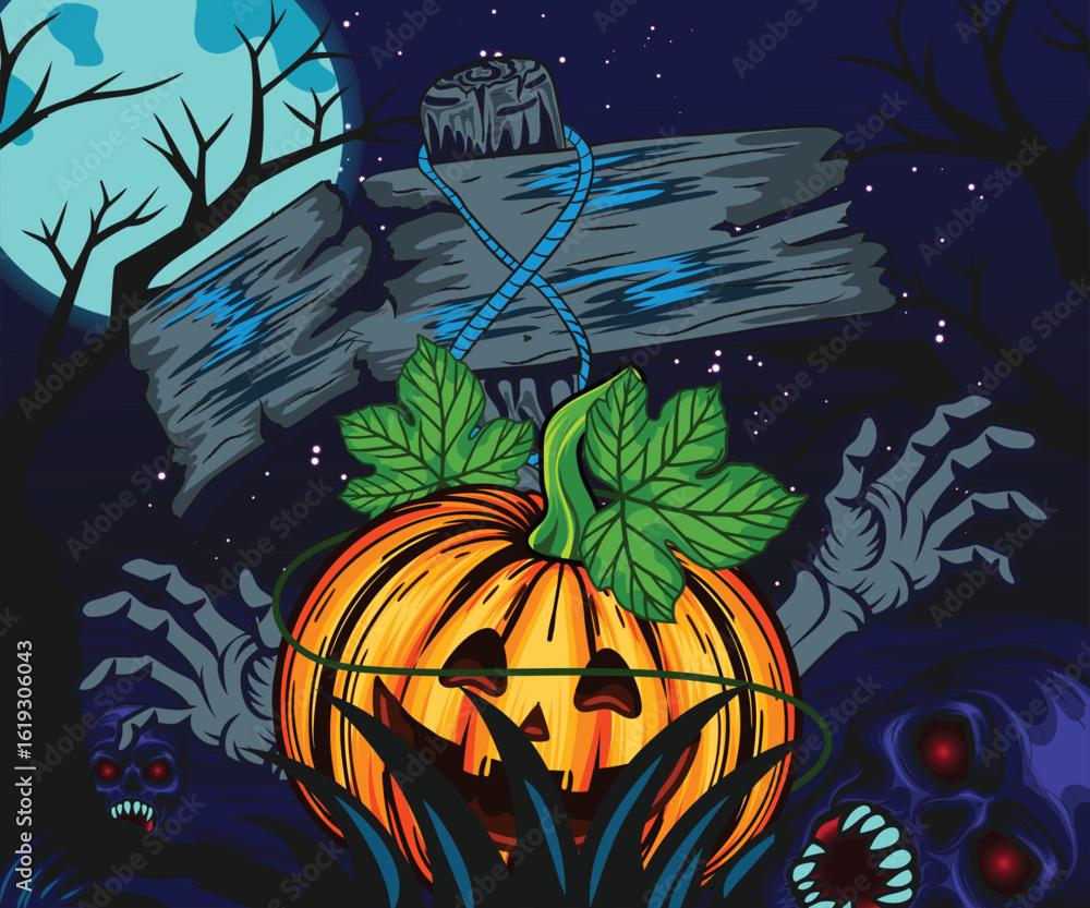 Halloween skeleton hand with pumpkin and wood stand mon night landscape