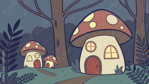 Illustration of mushroom houses in a forest, a whimsical and magical scene, perfect for fairy tales and fantasy projects, a cute cartoon drawing with a dreamy landscape
