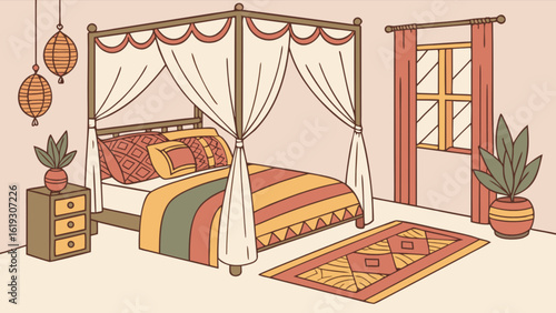 Cozy bedroom interior with a fourposter bed, bedside table, window, carpet, and plants, creating a comfortable and stylish space for relaxation and sleep, adorned with decorative elements