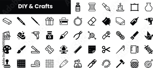 A creative collection of DIY and crafts icons, showcasing various tools and materials in a minimalist style for art and craft enthusiasts.