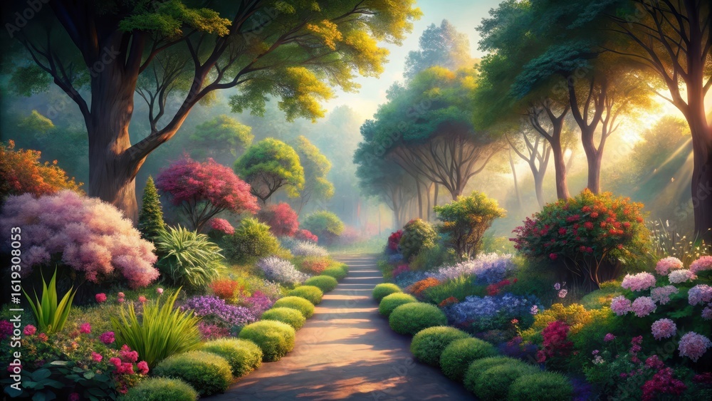 Obraz premium A Serene Path Through a Vibrant, Sunlit Garden Filled with Lush Greenery and Colorful Blooms, a Picturesque Scene of Tranquility and Natural Beauty