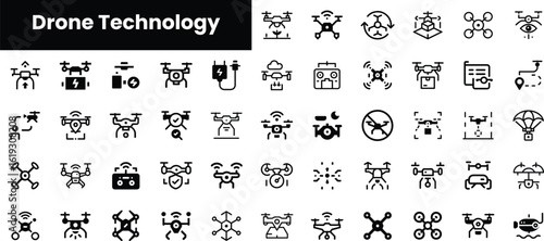 A diverse collection of black and white icons representing various aspects of drone technology, showcasing functionality, features, and applications in a modern design.