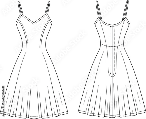 Fashion technical flat dress, flared hem, strappy V-neck design, vector sketch, garment illustration for apparel designers, sewing pattern, front and back view
