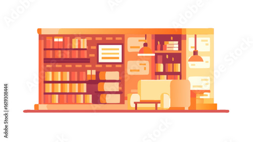 Illustration of a cozy library interior with bookshelves, armchair, and lamps, creating a warm and inviting space for reading and studying, perfect for book lovers and knowledge seekers