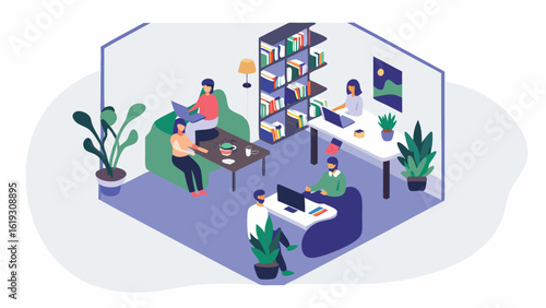 Isometric view of people working in a modern office space with plants and bookshelves and computers