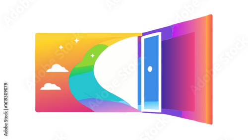 Abstract illustration of an open door leading to a colorful sky with clouds, symbolizing opportunity, imagination, and the possibilities of the future isolated on white background