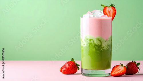 Strawberry matcha blended drink in clear glass with marbled pink and green layers, garnished with fresh strawberries