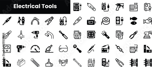 A comprehensive collection of electrical tools icons displayed in a clean, modern design, showcasing various instruments for electrical work.