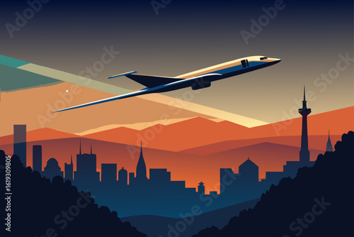 Sleek jetliner soars above a stylized cityscape at dusk with mountainous backdrop