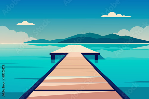Serene wooden pier extending into calm turquoise waters with distant mountains under a blue sky