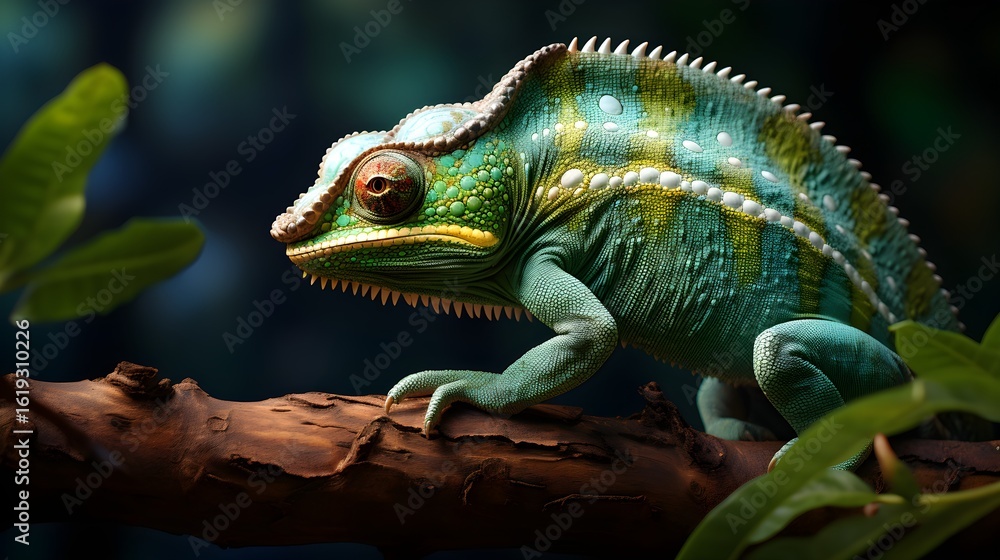 Fototapeta premium A stunning close-up of a vibrant chameleon perched on a tree branch, showcasing its unique patterns and details.