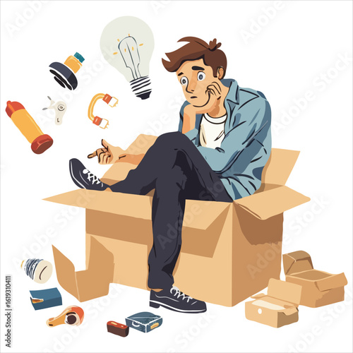 A Pensive Man Amidst Moving Boxes and Electrical Parts Cartoon Style