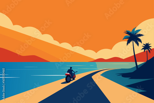 A lone rider cruises along a coastal road under a vibrant orange sky with palm trees