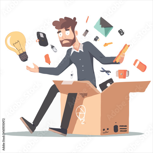 Overwhelmed Cartoon Man with Office Clutter Cartoon style illustration of a man sorting through a box of items