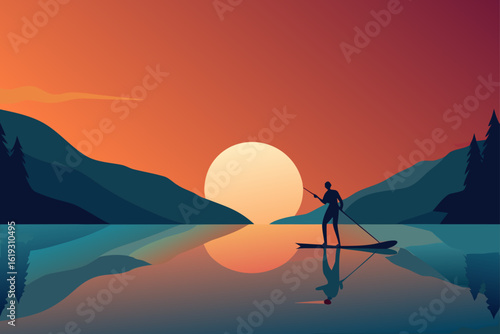 Silhouette of a person paddleboarding on a calm lake during a vibrant sunset