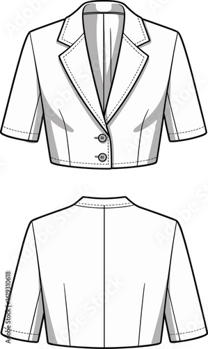 Short sleeve cropped blazer fashion flat, tailored women jacket vector, stylish coat CAD drawing for garment design and illustration