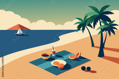 Relaxing beach picnic with tropical drinks fruit and a sailboat on the ocean
