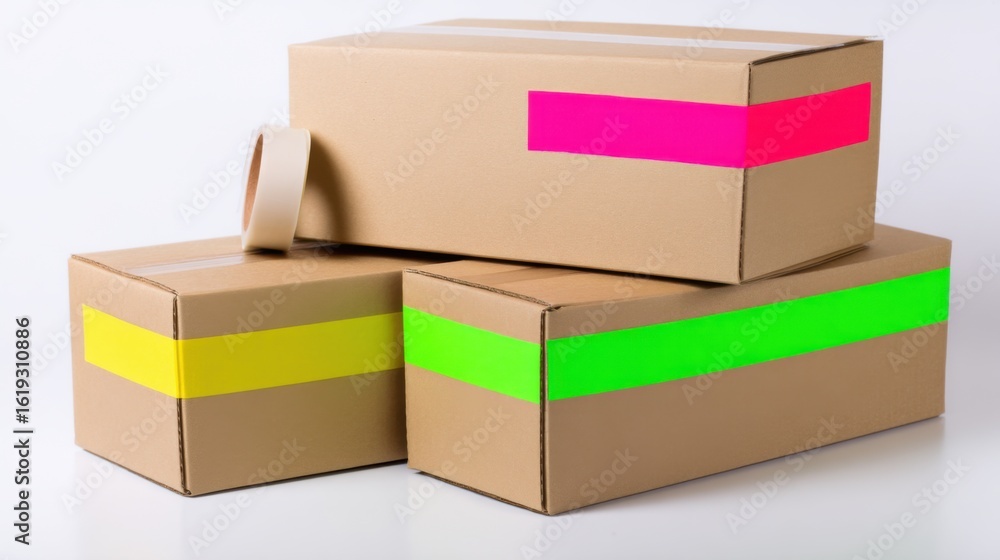 Obraz premium Three cardboard boxes sealed with different colored tapes are arranged neatly on a surface,