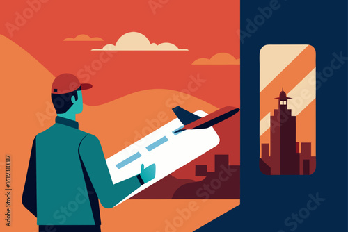 Man holding airplane ticket with city skyline view and airplane taking off in background