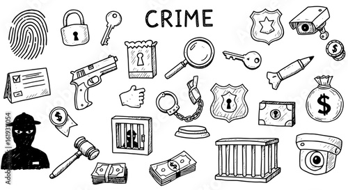 Hand-drawn doodle set of crime and justice icons: police, security, weapons, money, investigation, jail, and legal symbols.