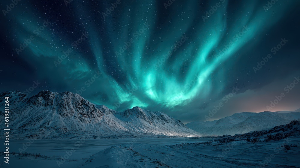 Fototapeta premium Aurora Borealis over Snow Mountains. Promoting travel, scientific documentation
