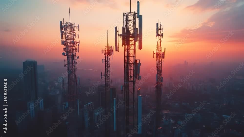 Cityscape Sunset Cellular Towers.